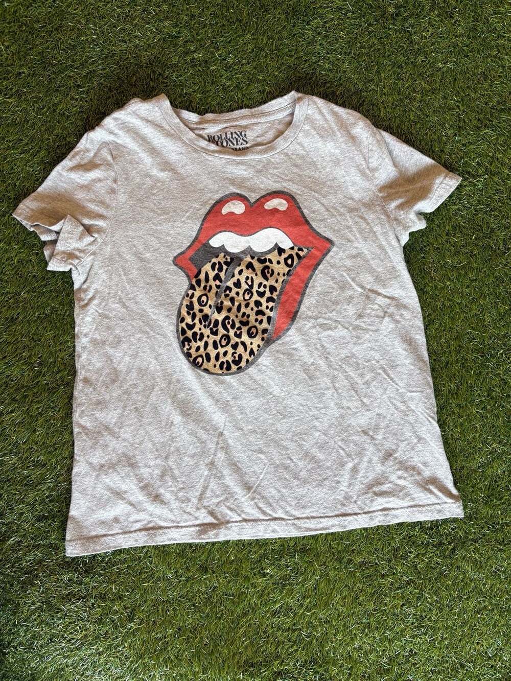 Lucky Brand Rolling Stones Leopard Tongue Graphic T-Shirt Gray Women's Medium